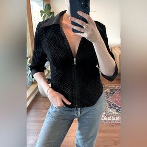 Vintage Black Textured Semi Sheer Zip-Up Top